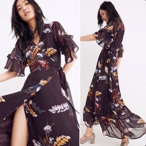 Madewell Vervaine Floral burgundy flare Maxi Wrap Ruffle-Sleeves Blooming dress